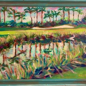 Gorgeous Mod Tropical Landcape Original Painting by Nicole Vos 21”x17.5”